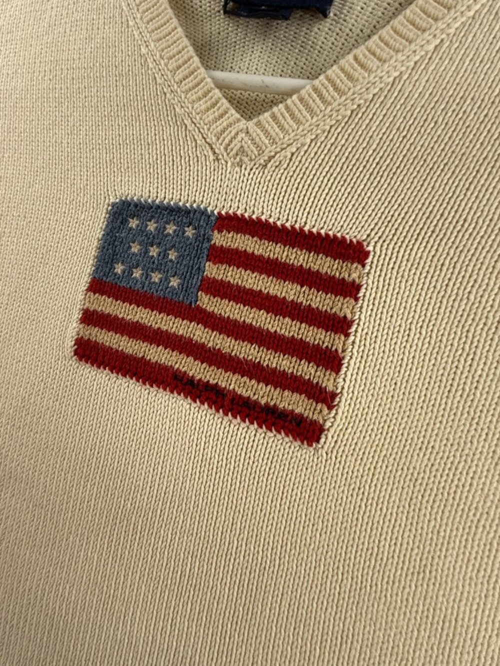 Ralph Lauren Sport USA Flag Graphic Ivory Large V-Neck Sweater Pullover Designer - Picture 3 of 16